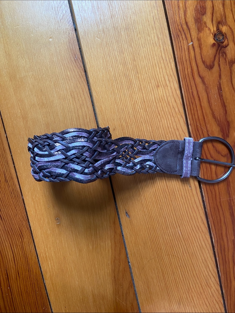 Woven Metallic Purple Leather Belt with Double Ring Buckle, Women’s Size 0